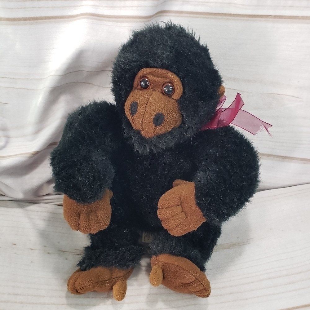 Vintage Black Gorilla Plush Toy Sheer Burgandy Ribbon Plush Toy 9 Inch 2002